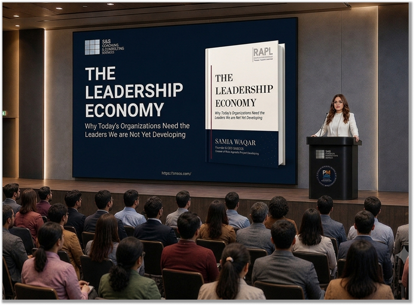 Samia Waqar presenting The Leadership Economy to a professional audience