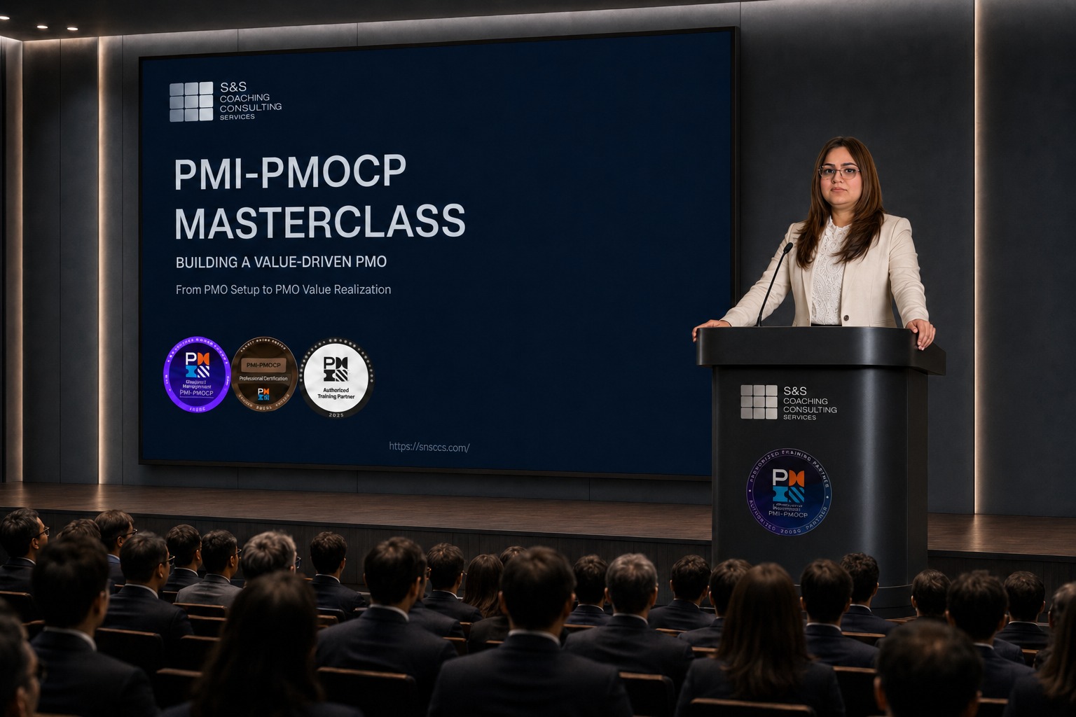 Samia Waqar speaking from a podium during a professional masterclass